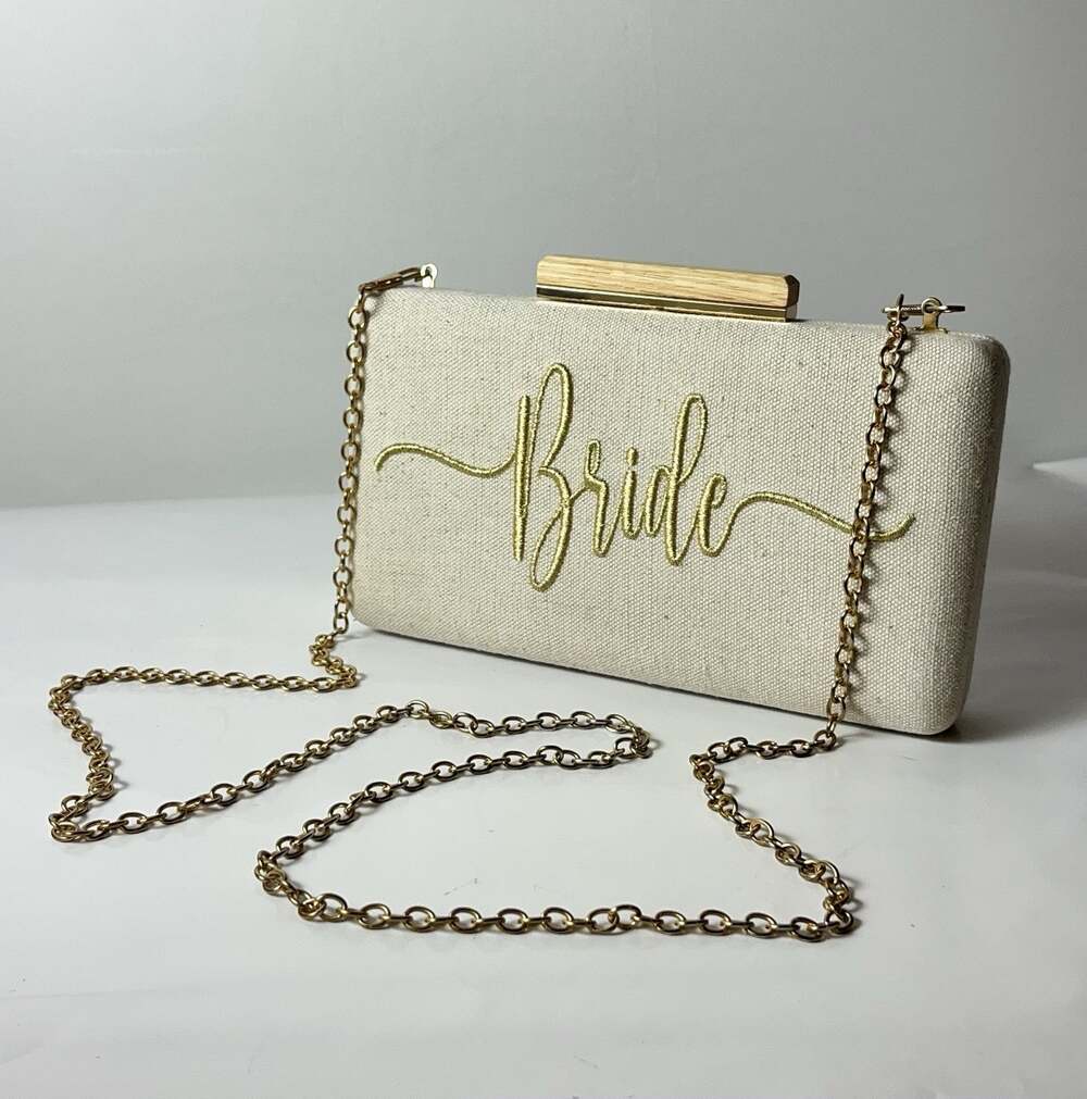 Wedding BRIDE Linen Clutch Cross Body Purse Removable Gold Chain Embroidered